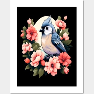 Cute Tufted Titmouse Surrounded by Vibrant Spring Flowers Posters and Art